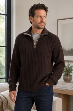 White + Warren 100% Cashmere Ribbed Quarter Zip Sweater Brown Large